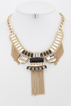Egyptian Style Statement Necklace with Rhinestone and Fringe Chain Detail 5JCA5
